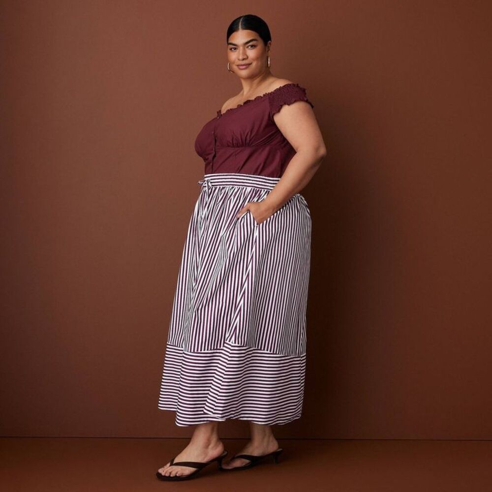 Women's Drawstring Poplin Striped Full Midi Skirt - Rosie Assoulin Burgundy 2X - Picture 3 of 4